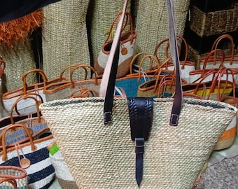 Handcrafted African Tote Bag, Natural Woven Straw Beach Basket with Leather Straps, Boho Market Tote, Gift for Her