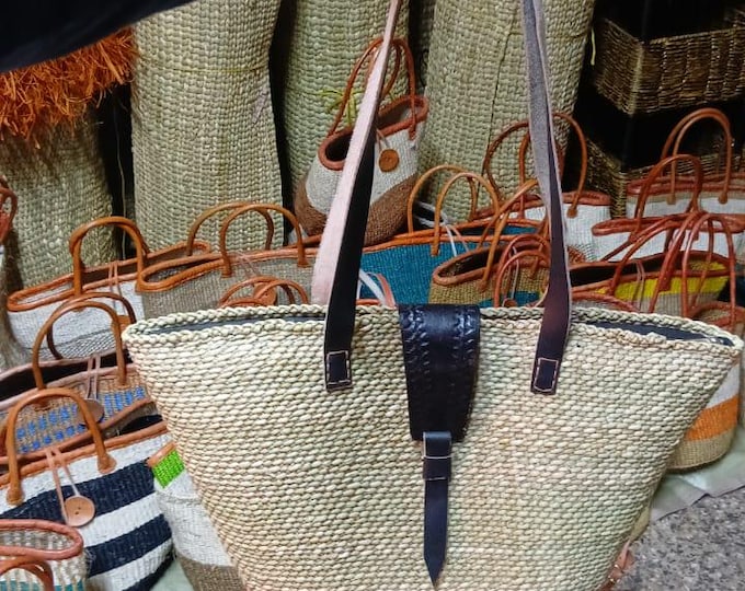 Handcrafted African Tote Bag, Natural Woven Straw Beach Basket with Leather Straps, Boho Market Tote, Gift for Her