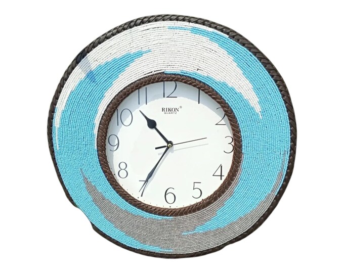 Handcrafted African Beaded Wall Clock, Sky Blue & White Swirl Beadwork Frame, Coastal Boho Home Decor, Housewarming Gift