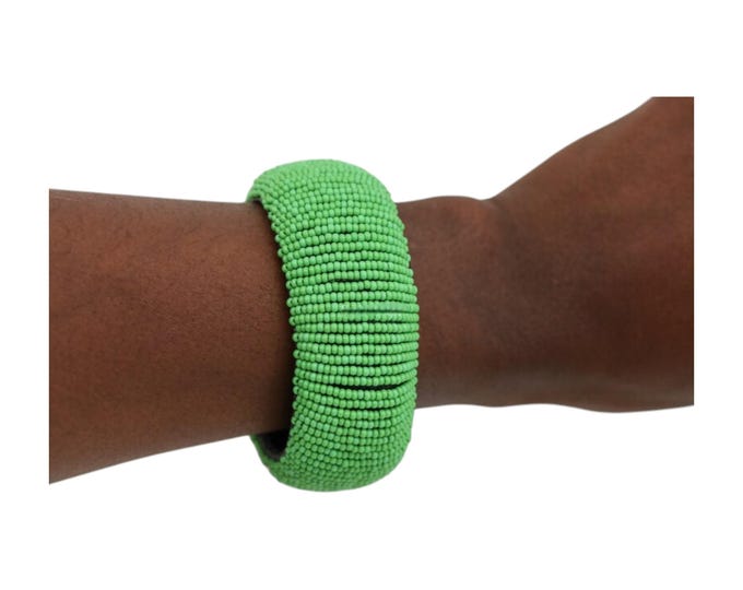 Wide Lime Green African Beaded Bangle | Solid Neon Green Maasai Statement Bracelet