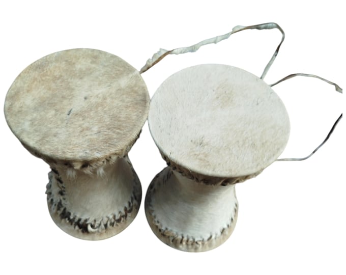 A Set of 2 Cowhide hand made Kenyan Mini Drums African Souvenir Plain Tribal Art Decor Gift Collectible Decor bongo