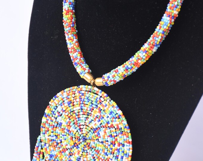 On SALE African  Playful Multi-Colored Beaded Necklace with Large Disc Pendant & Tassels | Stylish | Gift for Her | Masai Mara