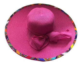 Handcrafted African Beaded Summer Sun Hat, Hot Pink Wide Brim Straw Hat, Maasai Tribal Trim Bow Accent, Beach Vacation Gift