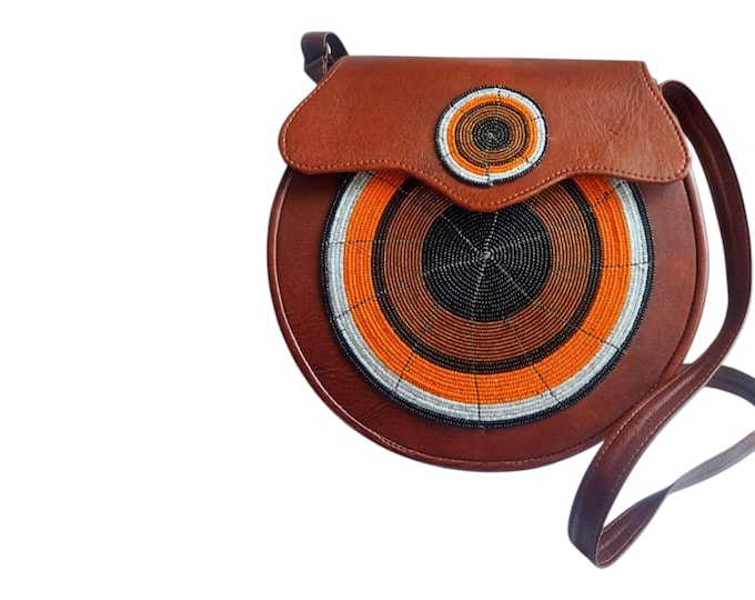 Handcrafted African Beaded Leather Crossbody Bag, Brown Saddle Bag with Orange & Black Beadwork, Boho Travel Purse Gift