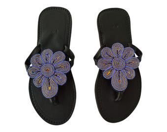 Beaded Flower Sandals: Handmade Blue & Gold African-Inspired Flip Flops
