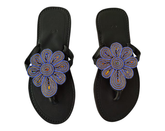 Blue Gold Flower Sandals Women Summer Beach Handmade African Wedding Birthday Gift Unique Beaded Flip Flops Leather Look Finest Beads Art