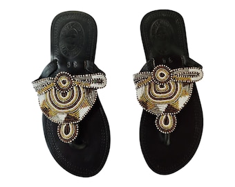 Handmade Beaded Leather Sandals: Elegant African-Inspired Summer Wedding Shoes