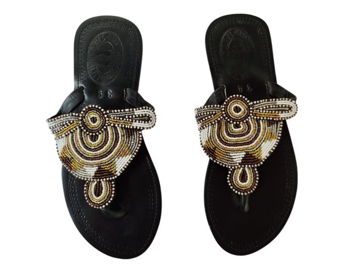 Elegant Earthy Metallic Beaded Sandals Women Summer Handmade African Wedding Bday Gift White Gold Silver Brown Leather Art Unique Chic