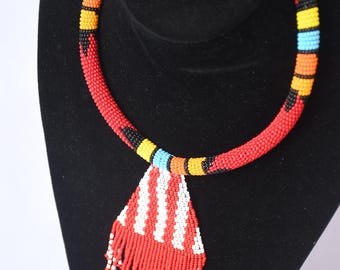 Red Beaded Choker Necklace – African Zulu Pendant, Handcrafted Art