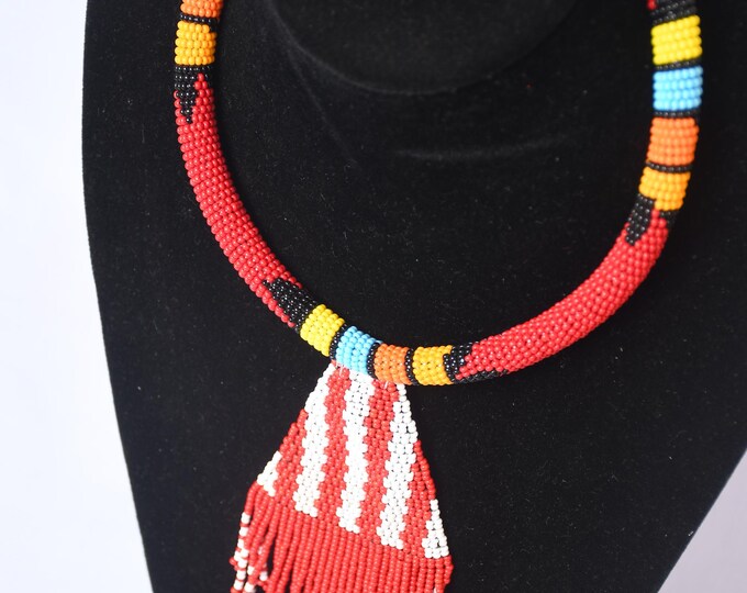 On SALE African  Striking Red Beaded Necklace with Vibrant Multi-Colored Pendant - Handcrafted Art | Zulu Choker | Stylish | Gift Her |