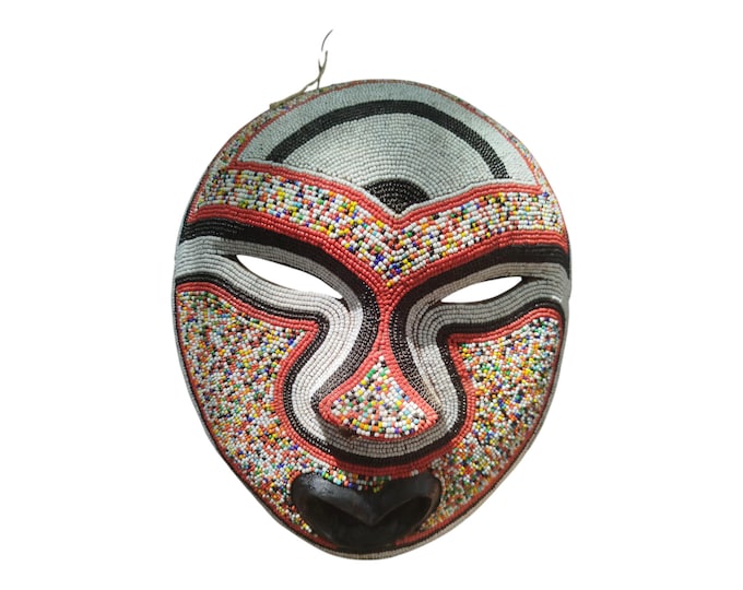ON SALE!!  Vibrant Multicolored West African Beaded Mask with Red Accents wall Decor Display Wall Hanging Ceremonial