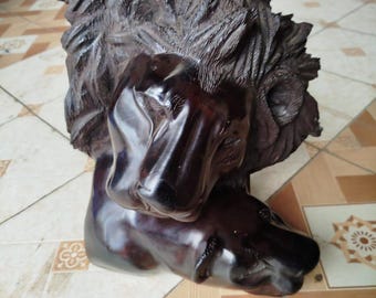 Hand-Carved Lion & Lioness Wood Sculpture: African Art Bust