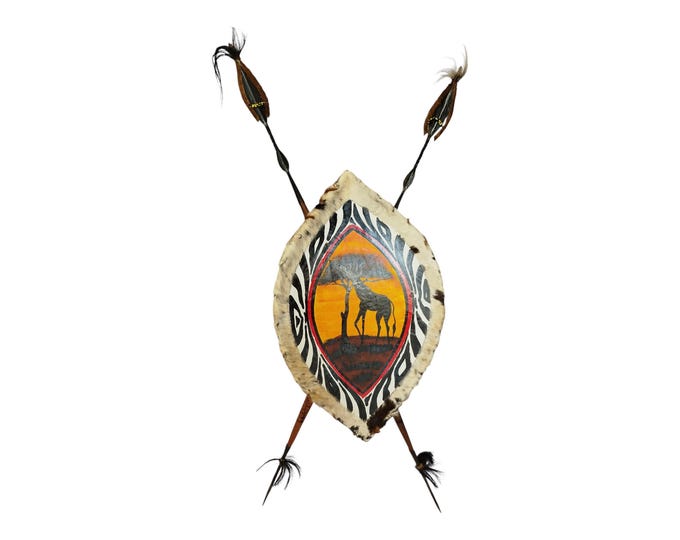 Defend & Beautify: Maasai Spear Bundle (2 Spears and giraffe Shield) 2 maasai Spears and sunset shield Easy to dismantle easy carry Brown