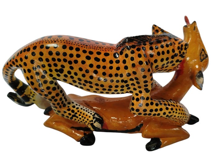 Dynamic Hand-Painted Wooden Leopard Hunting Antelope Sculpture - African Wildlife Art - African Art Decor-Table top console top Art