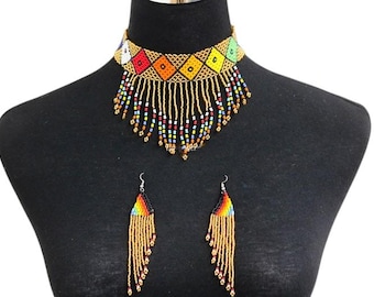 Zulu Beaded Choker & Earring Set | South African Gold Geometric Jewelry | Tribal Statement Set