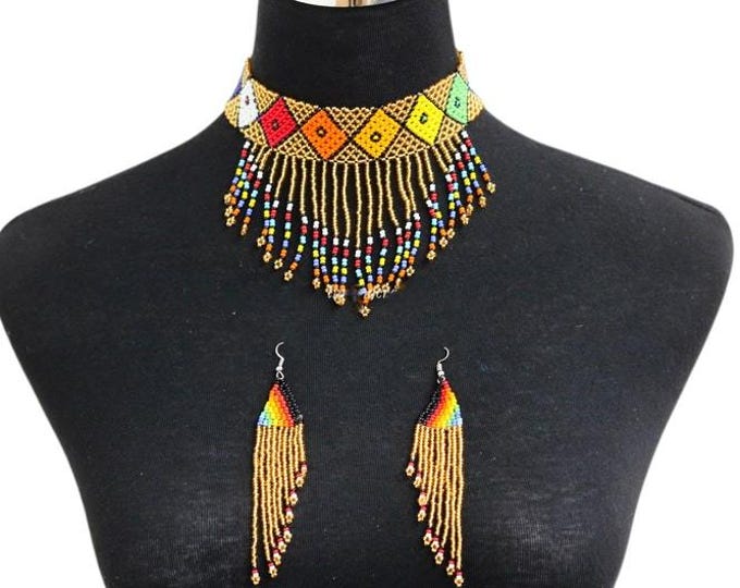 Zulu Beaded Choker & Earring Set | South African Gold Geometric Jewelry | Tribal Statement Set