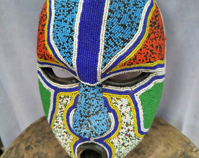Striking West African Mask with blue red green (Hand-Carved Wood)(Democratic Republic of Congo Art gift wood Wall Hanging Home Decor