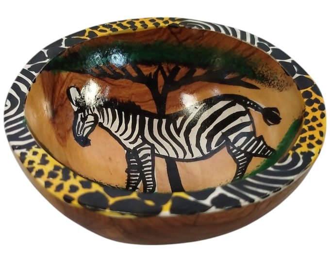 A Hand-Painted Wooden Soup Bowl with Zebra Motif - African Art & Home Decor