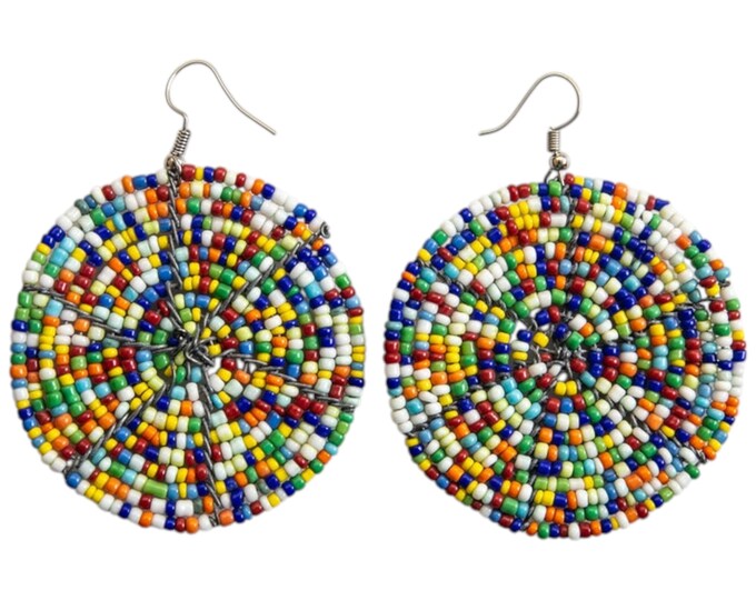 On SALE Vibrant Handcrafted Multi-Color Beaded Circle Earrings: African-Inspired Jewelry | Beaded Earrings | Green Earrings | Maasai Colors