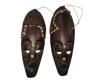 Hand Carved African Tribal Masks, Wood Wall Art with Beads, Collector Gift Set