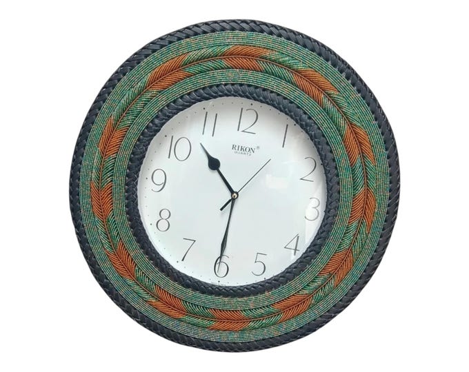 Handcrafted African Beaded Wall Clock, Earthy Green & Orange Feather Pattern Frame, Boho Neutral Home Decor, Housewarming Gift