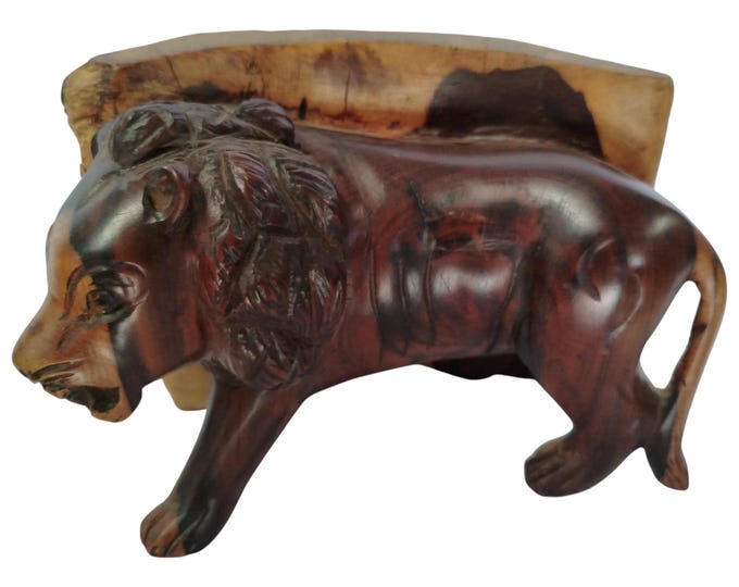 A Hand-Carved Wooden Lion Sculpture with Natural Wood Base - African Art Decor|Traditional Decor|home Decor
