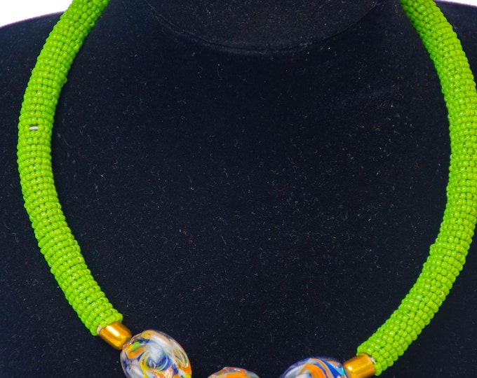 Beaded Green Glass Pendant African Necklace | Maasai Traditional | Gift for Her
