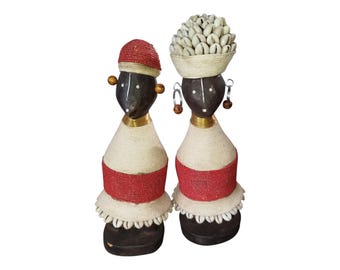 Beaded African Namich Dolls: Cowrie Shell Figurines (Set of 2)