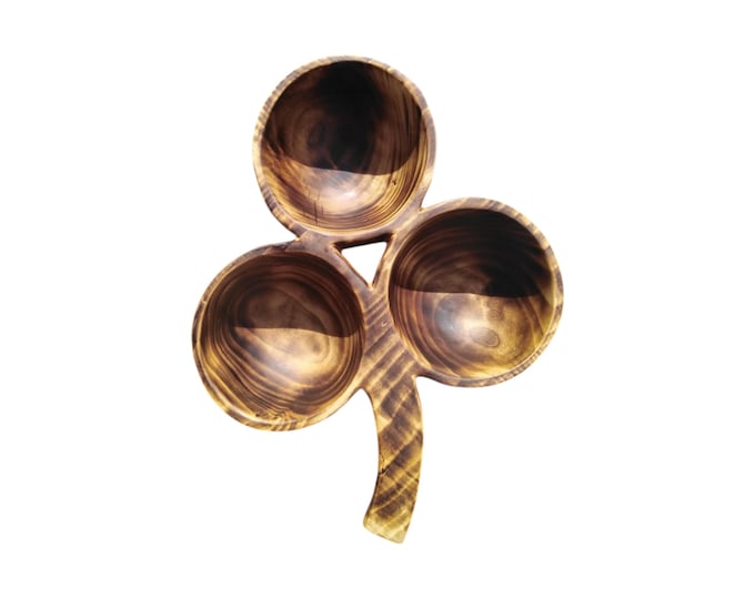 Hand-Carved Wooden Shamrock Bowl, Three Section Clover Serving Dish, Rustic Hardwood Appetizer Tray, Unique Dip or Nut Bowl