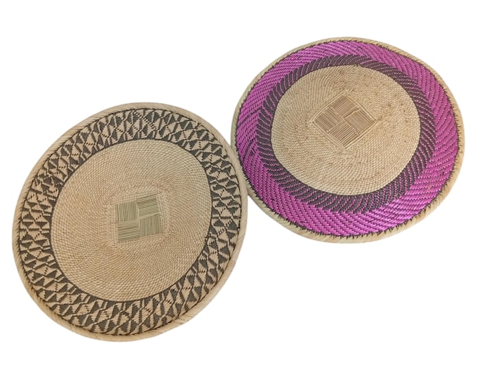 Set of 2 Woven Wall Baskets Decor, Magenta & Charcoal Boho Wall Art, African Basket Wall Hanging, Handwoven Fiber Wall Plates Trio Accent