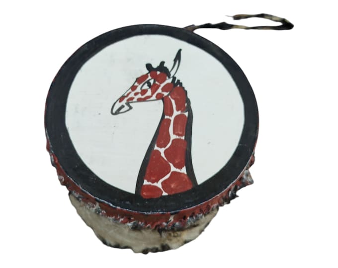 A Giraffe Cowhide Kenyan Mini Drum African Souvenir Hand Painted Tribal Art Decor Gift Collectible Decor