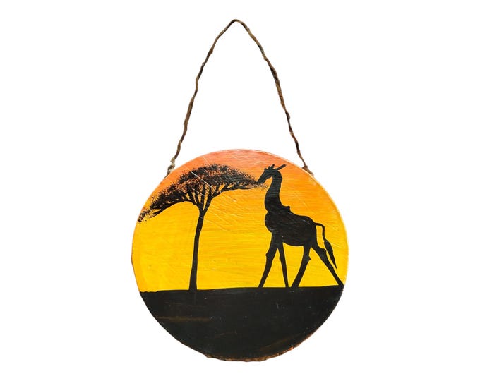 A Hand Painted Giraffe Sunset portrait African Tribal Art Wall Decor Kenya Wildlife Silhouette Art Decor