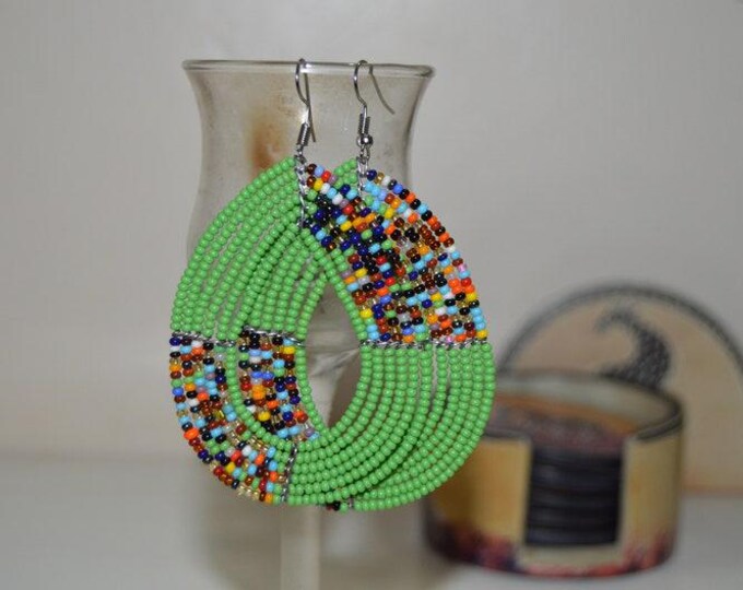 ON SALE Beautiful African Maasai I Green Earrings I Kenyan Ladies Earrings I Beaded Handmade Masai Tribal Bride Gift I Festive Wear