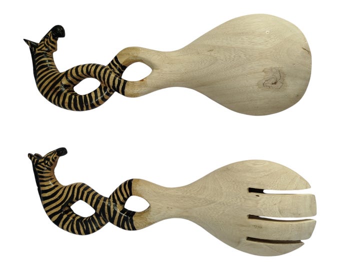 Hand-Carved Jacaranda Wood Salad Servers with Zebra Head Handles - Set of Two- Unique Home Accessory