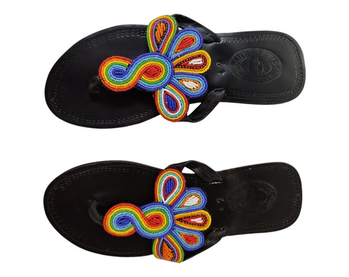 Rainbow Floral Infinity Loop Beaded Sandals Women Summer Beach Handmade African Wedding Bday Gift Unique Leather Art Finest Beads Wow Chic