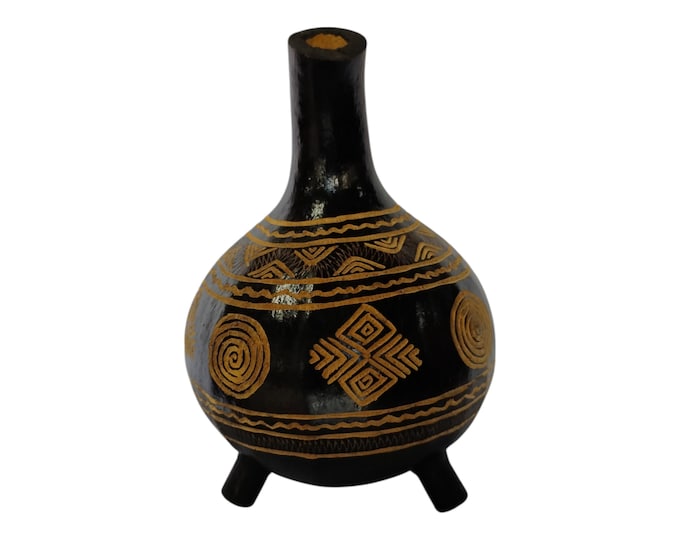 Hand-Painted Three-Legged Wooden Gourd Bowl with Brown Geometric Patterns - African Art Decor- Cultural Wall Art- Unique Home decor
