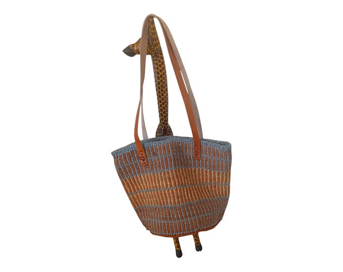 Handwoven Sisal Tote Bag with Leather Straps, Terracotta & Grey Striped Market Purse, Boho Earthy Shoulder Bag, Straw Beach Tote