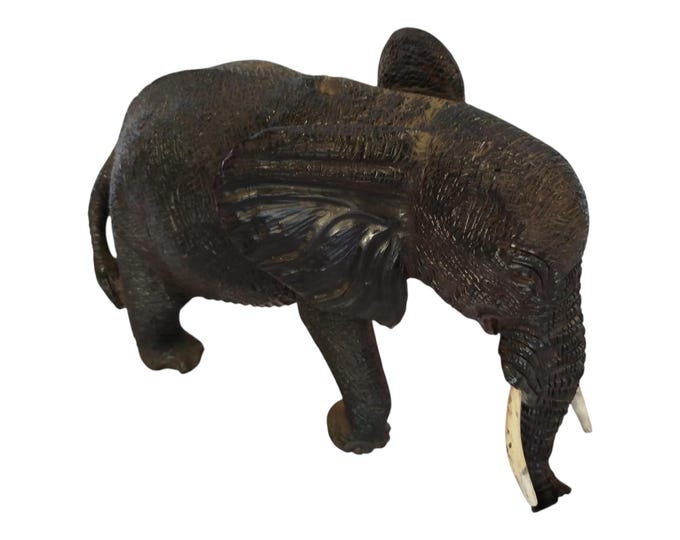 A Hand-Carved Ebony Wood Elephant Figurine with Tusks - African Wildlife Art Decor-Table top console top Art