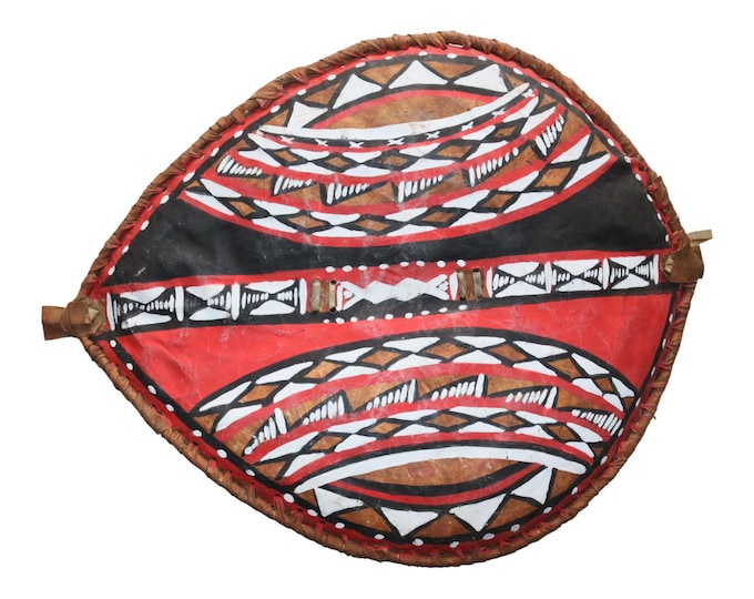 Intricate Geometric African Shield | Hand-Painted Leather Wall Art | Brown Tribal Decor | Maasai Style Art