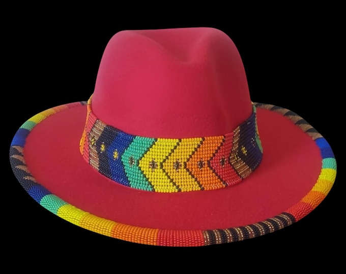 African Beaded Fedora Hat, Bright Red Felt Wide Brim Boho Hat, Colorful Beaded Band Festival Cap, Handmade Maasai Style Fedora