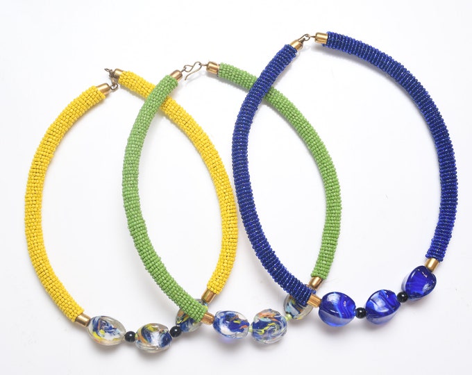 Wholesale Set of 3 Beaded Yellow blue green Glass Pendant African Necklace | Maasai Traditional | Gift for Her