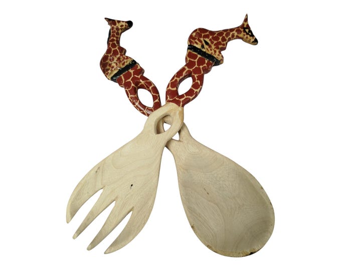 Hand-Carved Wooden Salad Servers with Giraffe Head Handles - Set of Two- Unique Home Accessory