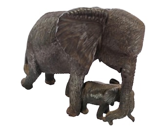 Hand-Carved Wooden Mother and Baby Elephant Statue - African Wildlife Art Decor | home decor