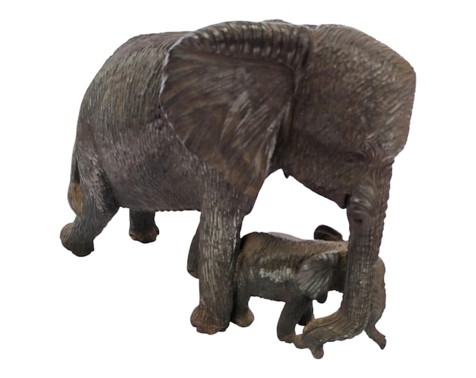Hand-Carved Wooden Mother and Baby Elephant Statue - African Wildlife Art Decor | home decor