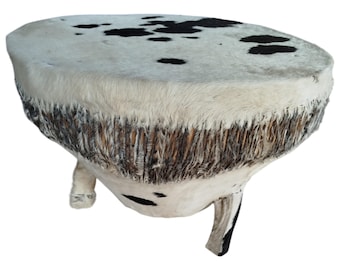 Mesa de tambor de piel de vaca africana hecha a mano / Mesa de centro con arte tribal
