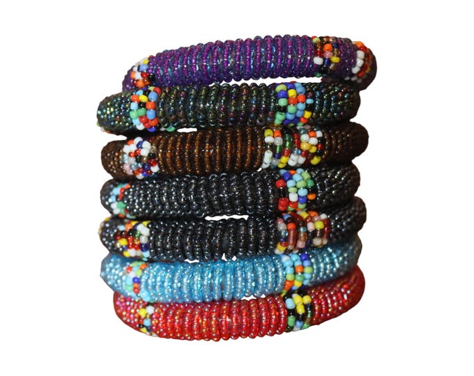 Beaded Roll Bracelets | Sparkle Maasai Bangles | Multi-Color African Tribal Jewelry | Global Statement Gift Set