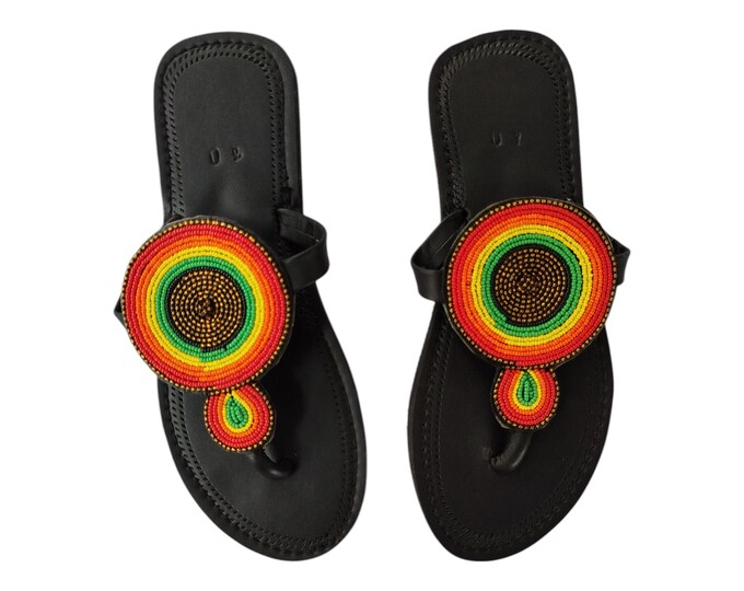 Colorful Double Circle Beaded Sandals Women Summer Beach Handmade African Wedding Birthday Gift Unique Leather Look Finest Beads Art Wow