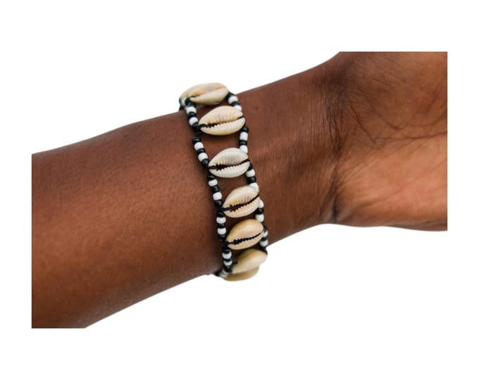 Minimalist Cowrie Shell Bracelet | Black and White Beaded African Jewelry | Handmade Natural Shell Wristband