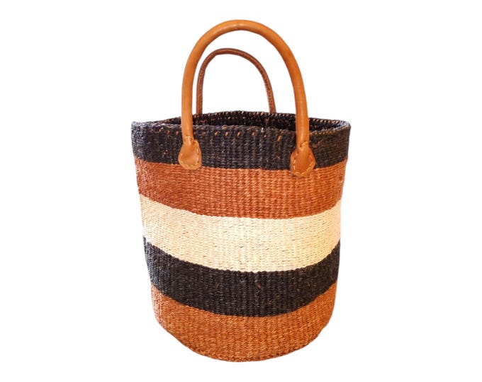 African Handwoven Orange, White, Sisal Kiondo Beach Bag with Leather Handles: Striped African Decor Shopping Bag Laundry Basket Fiber Art