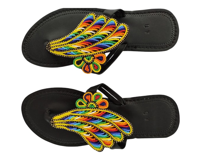 Rainbow Feather Wing Sandals Women Summer Beach Handmade African Wedding Bday Gift Colorful Floral Flip Flops Leather Look Finest Beads Art
